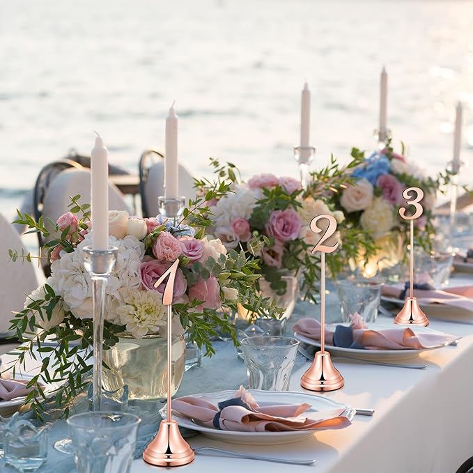 Maitys 15 Pcs Metal Table Numbers 1-15 with Weighted Base 8 Inch Table Number Stands for Wedding Reception, Party, Anniversary, Birthday Banquet(Rose Gold)