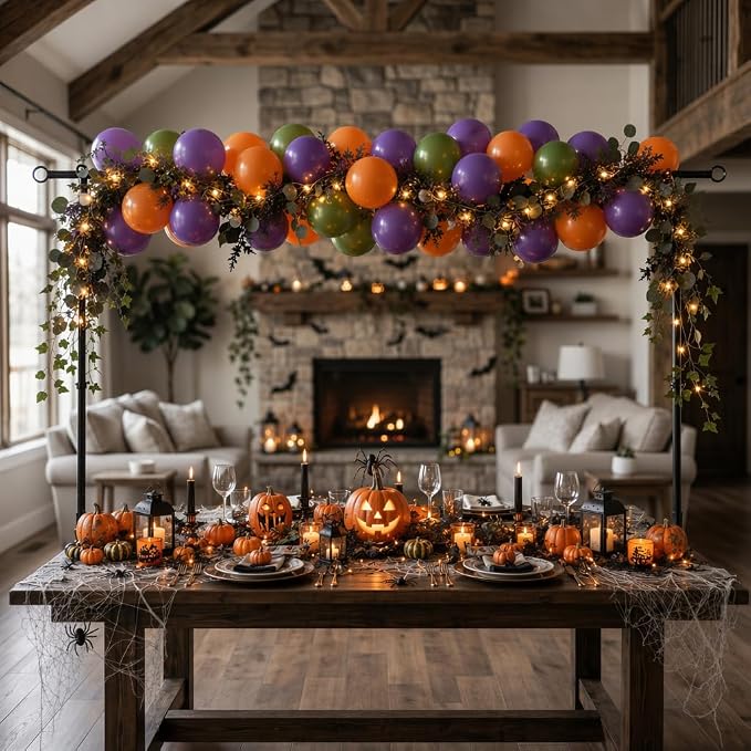Over the Table Rod Stand with Clamps, 100PCS Rainbow Balloons & Flower Arch Kit (27.5"-48" Tall, 47"-98" Length), Black Table Arch Frame Hanging Party Decor for Wedding Birthday Home Party Decoration