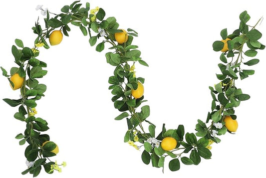 6 Ft Artificial Lemon Garland, Spring Summer Fruit Garland Greenery Garland with Lemons and Flowers for Front Door Wall Mantle Wedding Table Decor(Green)