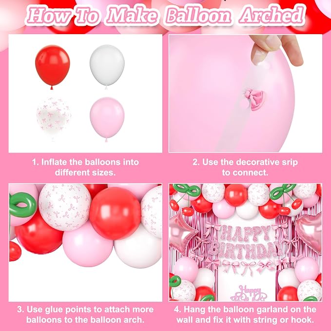 Cherry Birthday Decorations for Girl, Pink White Red Bows Balloons with 'HAPPY BIRTHDAY' Banner Fringe Curtains Heart Foil Balloons Cake Topper for Women Girls Birthday Party Decor