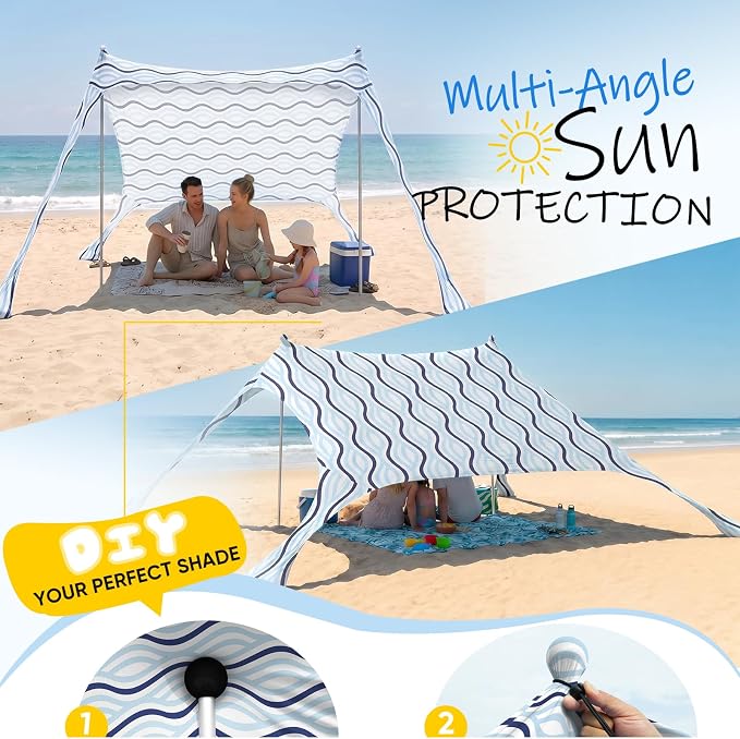 Sekey Aluminum Beach Shade Sun Shelter UPF 50+ - 6.5x6.5 FT Portable Beach Canopy with Windproof Rope & Stability Poles, Easy Setup Outdoor Tent for Camping, Backyard, Fishing, Picnics