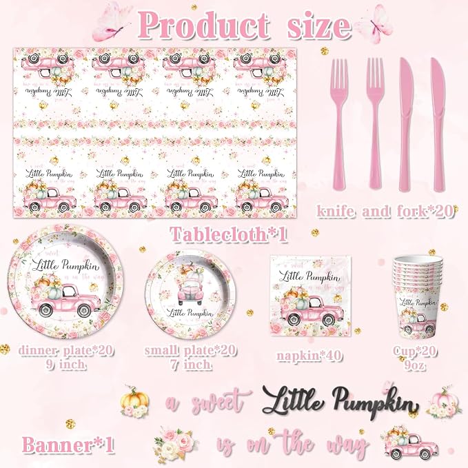 Little Pumpkin Baby Shower Party Decorations Tableware,142Pcs A Sweet Little Pumpkin is On The Way Girl Pink Floral Truck Disposable Tablecloth,Plates,Napkins for Autumn Fall Thanksgiving Supplies