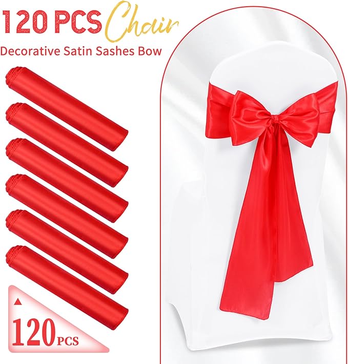120 PCS Red Satin Chair Sashes, Ties Bows Designed Chairs Decorative, Chair Cover Sashes for Thanksgiving Wedding Christmas Banquet Party Home Kitchen Decoration (7 x 108 inch)
