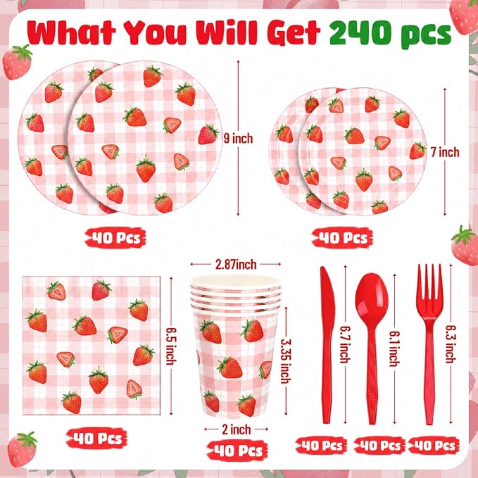 Ziliny 280 Pcs Strawberry Tableware Set Disposable Strawberry Paper Plates and Napkins Paper Cups Plastic Knives Forks Spoons for Baby Shower Berry Sweet Birthday Party Supplies, Serve 40