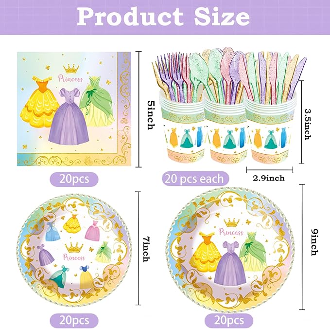 140pcs Princess Birthday Party Decorations Princess Plates Napkins Girls Paper Cups Party Supplies Disposable Tableware Set for Kids Girls Birthday Decor 20 Guests