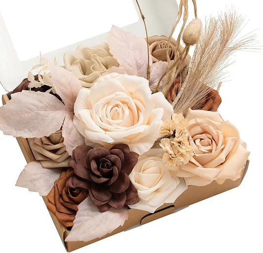 Ling's moment Fake Flowers Box, Faux Artificial Greenery Stems Foam Roses Gardenia Silk Peony Pampas Fabic Flower for Centerpieces Bouquet Wedding Vase Floral Decorations, Boho & Sepia, Mini Combo