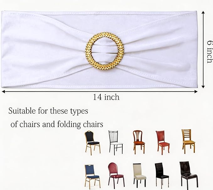 Pack of 50 Spandex White Chair Sashes with Gold Buckles, Stretch Chairs Sashes for Wedding Party Baby Shower Ceremony Event Decorations Chair Bands Bows (White Sashes, Gold Buckles)
