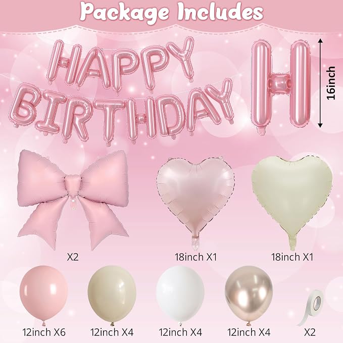 Boho Dusty Pink Bow Birthday Decorations for Women Girls, Blush Champagne Gold Sand White Cream Balloons Happy Birthday Banner Pink Coquette Foil Balloons Heart Balloon for Bday Party Supplies