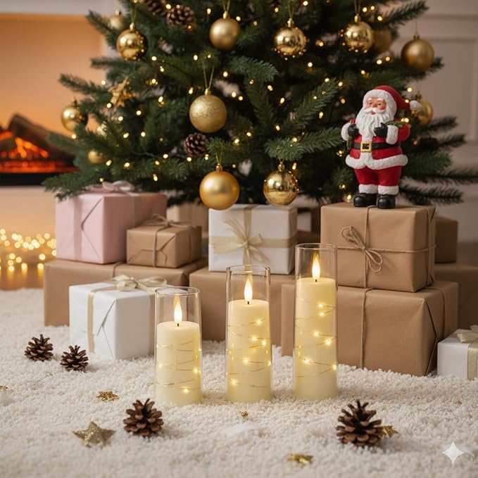 Raycare Flameless Candle with Remote Timer 7 Flickering Acrylic Battery Operated LED Pillar Candles with Embedded Star String for Christmas, Wedding, Home Table Decor, and as a Gift (Ivory White)