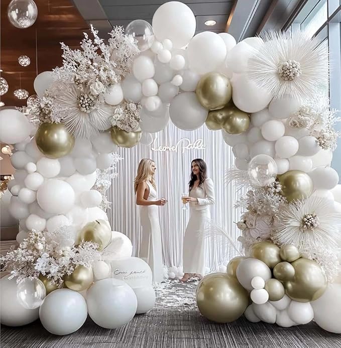 Double Stuffed White Balloon Arch with Clear Bobo, Double Stuffed Light Grey Different White Gold Balloon Garland Kit for Bridal Wedding Engagement Birthday Christmas Valentines Party Decoration