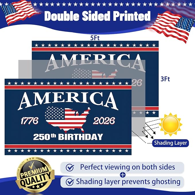 250 Anniversary USA Flag - 3x5 Ft Double Sided 3 Layers Patriotic Flags - 4th of July Decorations Independence Day American 250th Anniversary Flag for Indoor Outdoor Decoration