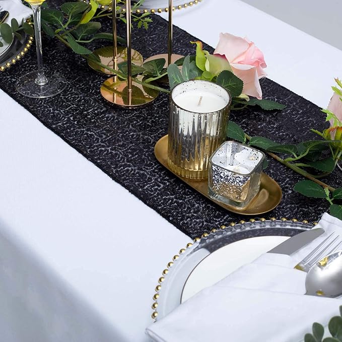 JYFLZQ Black Sequin Table Runner 12" x 108" Pack of 10 Glitter Sequin Fabric Table Linens - Sparkly Runners for Wedding & Birthday Party Decor