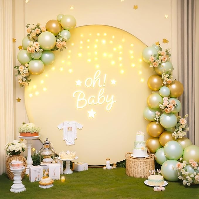 7.2 FT Ivory Round Backdrop Cover with Lights String for Circle Arch Stand Circle Backdrop Covers with LED Fairy Lights for Wedding Arch Baby Shower Birthday Party Photo Shoot Photography Background