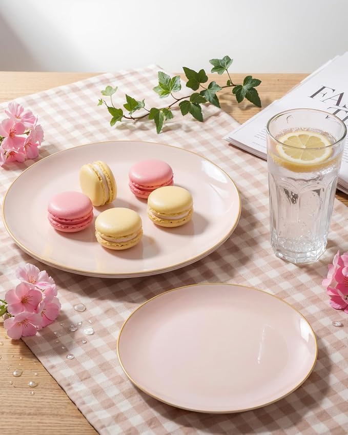 bUCLA 100PCS Pink Plastic Plates - Pink Disposable with Gold Rim - Include 50 Each (10 inch Dinner & 7 inch Dessert) Plates, Ideal for Party, Wedding & Birthday
