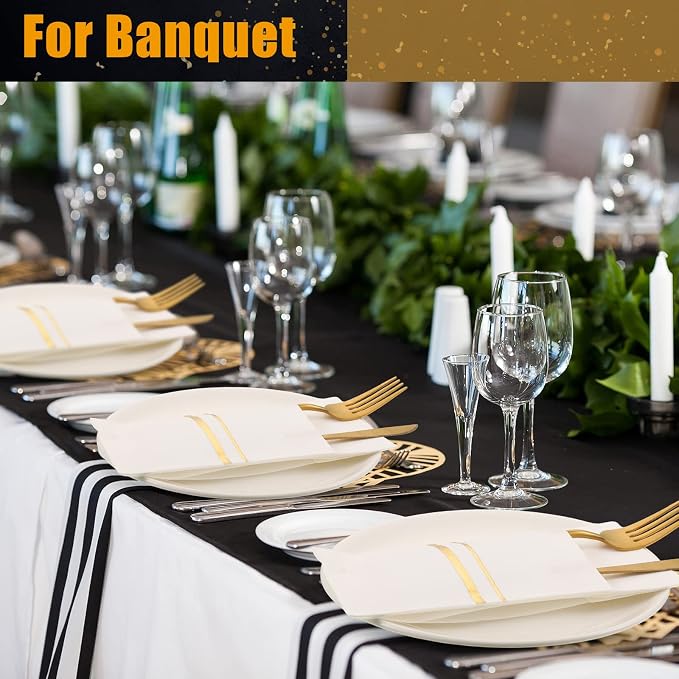 Roshtia 100 Pack Dinner Napkins Disposable Linen Feel Dinner Napkins with Built-in Flatware Pocket Gold Trim Lined Pre Folded Paper for Wedding Party (White,Gold)