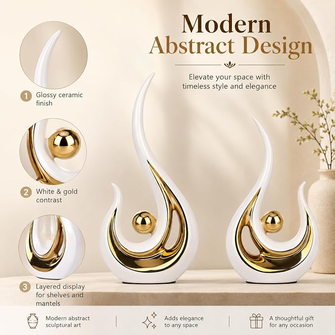 XMGZQ 2pcs White and Gold Modern Abstract Art Statue Table Decoration,Elegantes Ceramic Statue for Home Décor Accent,Mantel,Bookshelf,Centerpiece Table Decorations for Dining Room,adornos para sala