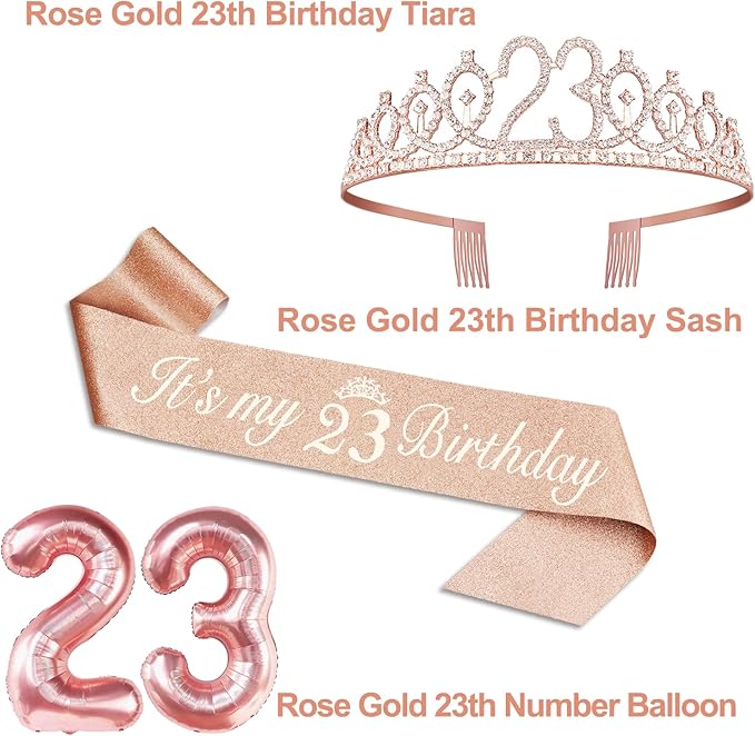 23rd Birthday Decorations for Women, Include 23rd Birthday Sash and Tiara, Cake Topper and Candles, Number Balloons, 23 Year Old Gifts for Women