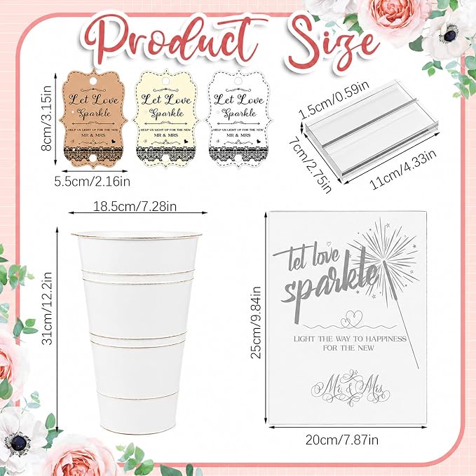 Henoyso 153 Pcs Wedding Send Off Set, 150 Lace Wedding Tags, 2 Pack 12.2 Inch Galvanized Metal Buckets, 1 Acrylic Send Off Sign with Stand for Party Decorations(White)