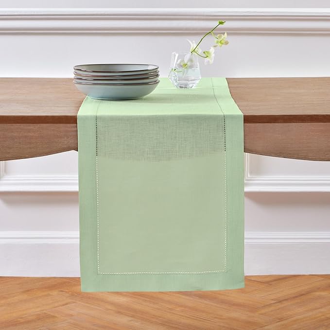 Solino Home Linen Table Runner 90 Inches Long - 100% Pure Linen Light Green Table Runner 14 x 90 Inch for Spring, Summer, Mothers Day - Classic Hemstitch