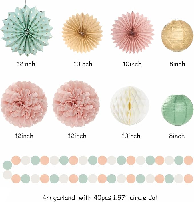 Sage-Green Blush-Pink Beige Birthday Party-Decorations - 19pcs Boho Neutral Rustic Fairy Streamers Banner,Paper Star Garland Lanterns Honeycomb Fan,Tissue Pom Poms,Wall Ceiling Backdrop Ouruola