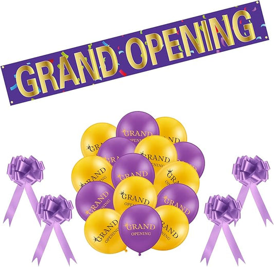 Mixweer Grand Opening Ribbon Cutting Ceremony Kit Grand Opening Banner Decorations with 10'' Scissors 40 Pcs Balloons Satin Ribbon Bows and More Supplies for Business Events (Purple Gold)