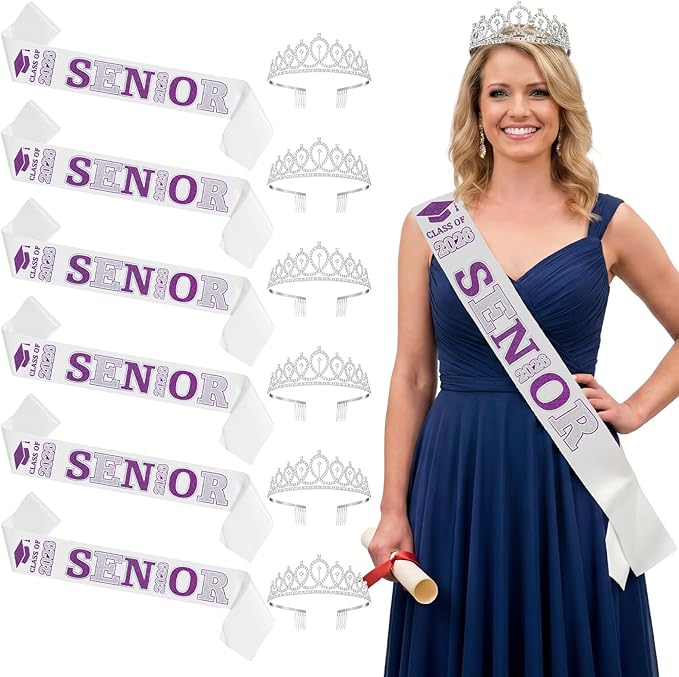 Janinka 6 Pcs Senior Sash 2026 Graduation Satin Sash with Glitter Letter Silver Crown Tiaras Cheer 2026 Gifts for Graduation Party Cheerleader Prom Photos Celebration(Purple)