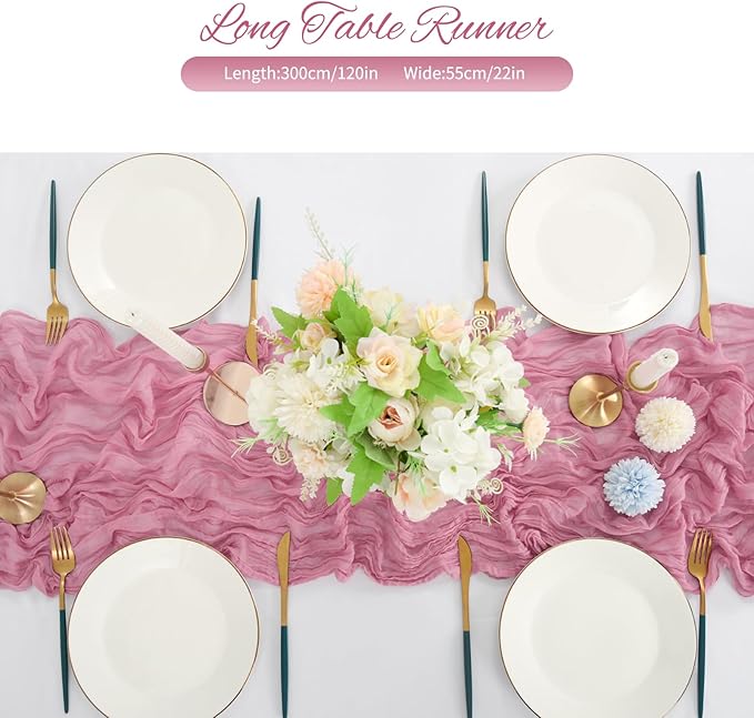 20 Pack Dusty Rose Cheesecloth Table Runner 120 Inch 10FT Rustic Boho Gauze Cheese Cloth Table Runner for Wedding Party Baby Shower Thanksgiving Christmas Decoration