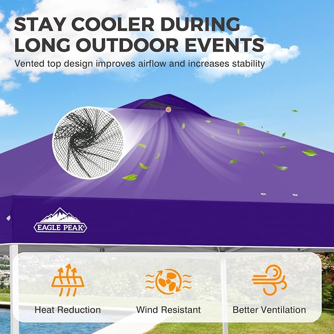 EAGLE PEAK Pop Up Canopy Tent with Wheeled Carry Bag, 8 Stakes, 4 Ropes, 4 Weight Bags, Easy Set Up Tent Canopy, 10x10 ft, 100sqft of Shade, Purple