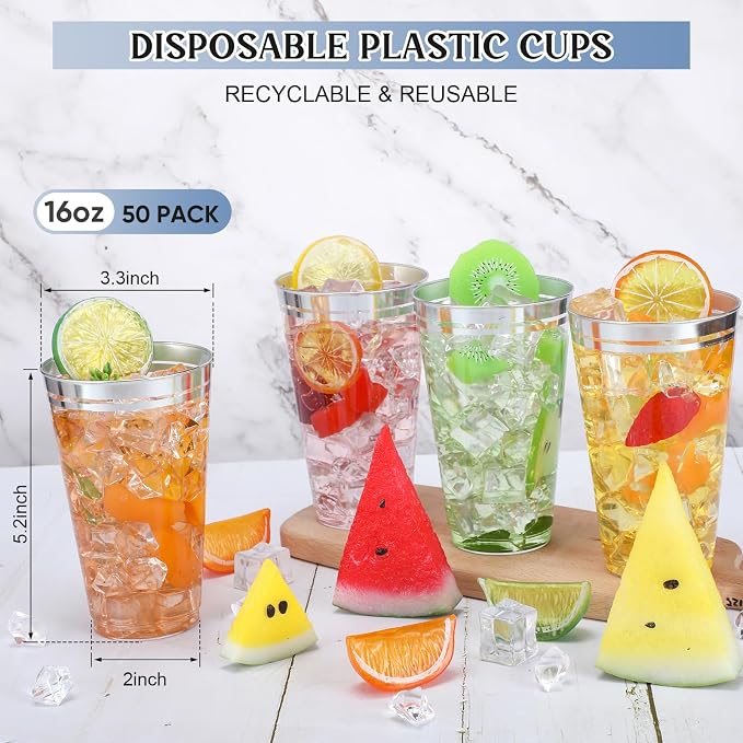 Sliner 50 Pcs Hard Plastic Cups Double Rimmed Plastic Cups Heavy Duty Fancy Wine Glasses for Holiday Christmas New Year Winter Birthday Party Supplies(16 Oz,Silver)