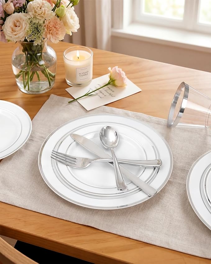 bUCLA 300PCS Silver Disposable Plastic Dinnerware Set - 50 Guests White Silver Disposable Plates Include 50 Dinner Plates,50 Dessert Plates,50 Knives,50 Forks,50 Spoons,50 Cups for Party & Christmas