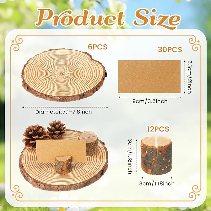 Amyhill Wedding Table Centerpieces 6 Wood Slices 12 Wood Place Card Holders 30 Kraft Place Cards Natural Wooden Table Number Holders Rustic Food Labels Sign Name Card Photo Picture Holder for Party