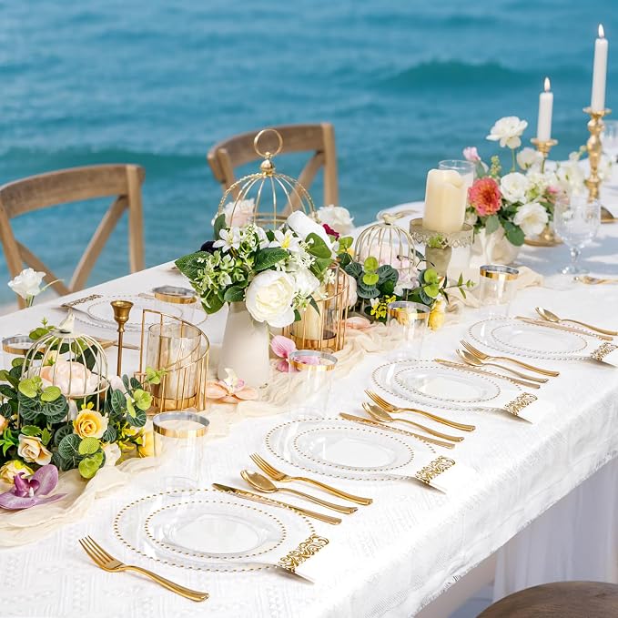 LIYH 350 Pcs Clear Gold Plastic Plates - Disposable Dinnerware Set Include Elegant Dinner & Dessert Plate Cups Gold Silverware for Birthday Party Wedding - Clear Gold 50 Guests