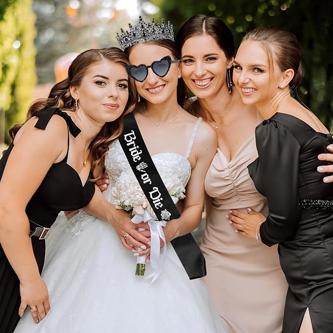 JarThenaAMCS 3 Pcs Bride or Die Bachelorette Party Decoration Set Black Tiara Crown Sash Glasses for Women Halloween Bridal Shower Accessories