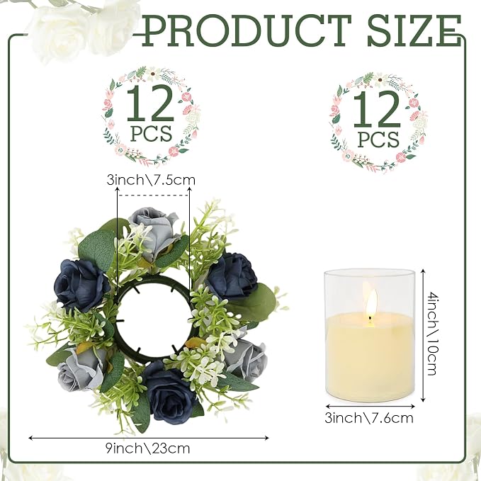 Blue Rose Candle Rings with Flameless Candles Sets - 24PCS Artificial Flower Eucalyptus Wedding Centerpiece 3 Inch Pillar Candleholders Wreaths for Wedding Party Decor (Blue - 12 Sets)