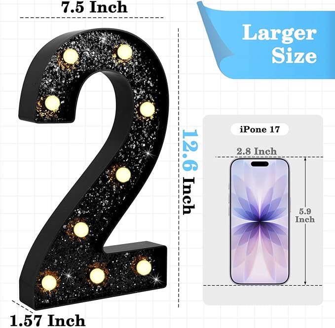 12.6 Inch LED Black Marquee Light Up Numbers, 2nd Birthday Decorations Number Lights as Gifts for Girls Boys, Glitter Lighted Marquee Numbers for Black Anniversary Party Table Decor, 2