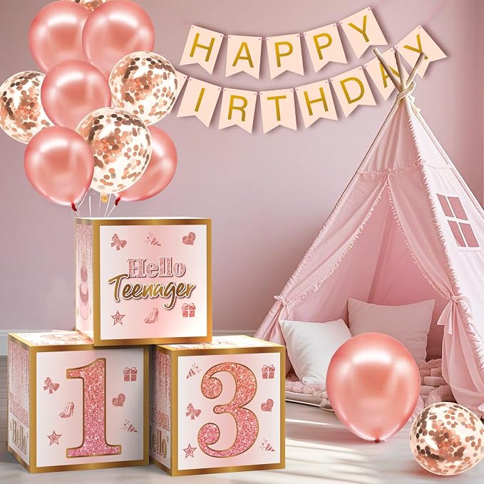 13th Birthday Decorations for Girls,13 Year Old Boxes Decor for Girls Women Happy official 13th teenager Birthday Kits Pink Rose Gold Number 13 Foil Balloons Party Supplies Rose Gold Tassel Curtain