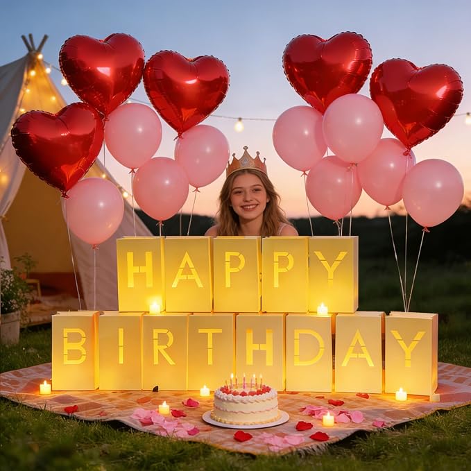 2073Pcs Happy Birthday Decorations with Light Up Letters,Tea Lights Candles Rose Petals Latex Balloons Heart Aluminum Balloons Luminary Bags Party Banner Sign Birthday Surprise Gifts for Women Men