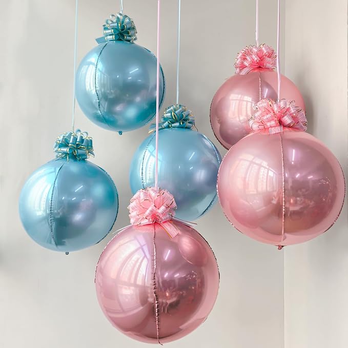 6 Pack Pink and Blue 4D Orb Balloons - 22 Inch Large Metallic Sphere Mylar Balloons with Pull Bows, Hanging Ceiling Decorations for Gender Reveal, Baby Shower & Baby Birthday Party