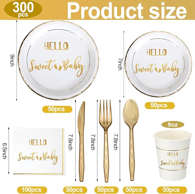 400 Pcs Baby Gender Reveal Plates and Cups and Napkins Sets with Forks Spoon Party Supplies Baby Shower Paper Tableware Gender Reveal Decorations Disposable Cutlery, Serves 50(Gold,Hello Sweet)