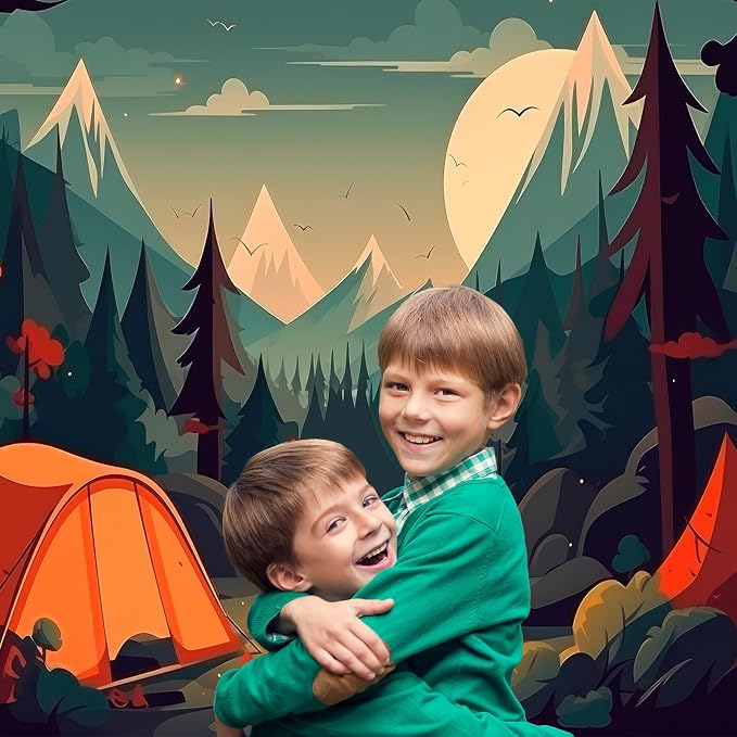 Cartoon Camping Adventure Backdrop Mountain Forest Stream Scenery Outdoor Campfire Photography Background Camper Tent Theme Birthday Party Backdrop Climbing Hiking Backpacks Background 10x6.5ft