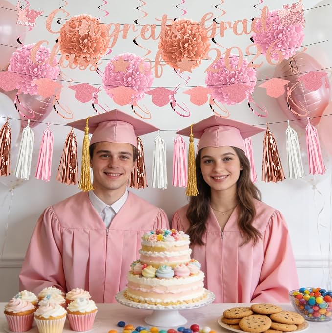 Rakuto Pink Graduation Decorations 2026, 32PCS Congrats Grad Class of 2026 Glitter Banners with Hanging Swirls Party Decorations, Congratulations Grad Paper Pom Poms and Tassel Garland Decor