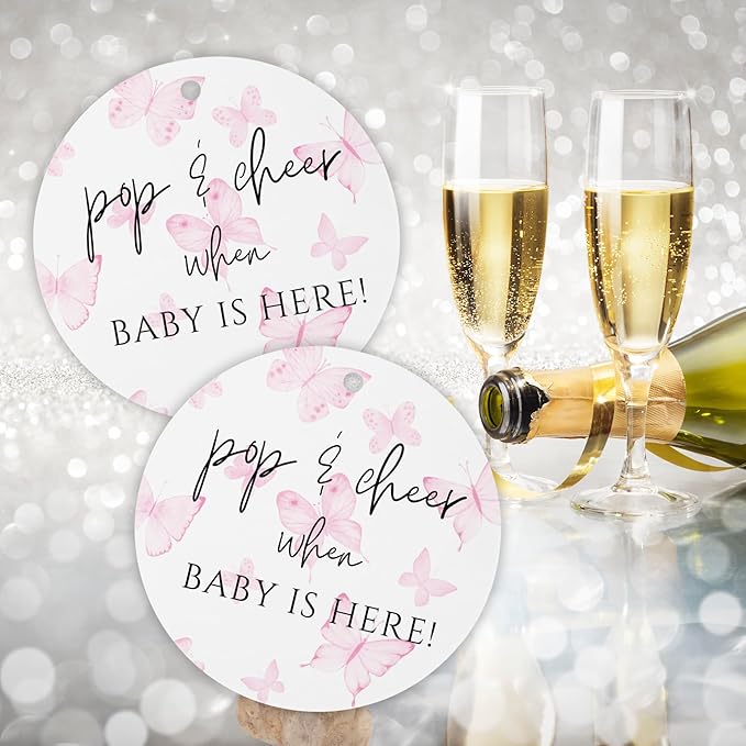 Pop and Cheer When Baby is Here Butterly Hang Tag | 30pk 2.5” Circle Butterflies Floral Cards Stickers Modern Minimalist Champagne Tags Baby Shower Party Favors Ribbon