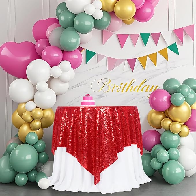 Poise3EHome Red Sequin Tablecloth 90×90 Inch Square Sequin Fabric Table Cover Overlay for Valentine Christmas Baby Shower Birthday Party Wedding Holiday Cake Table Decoration