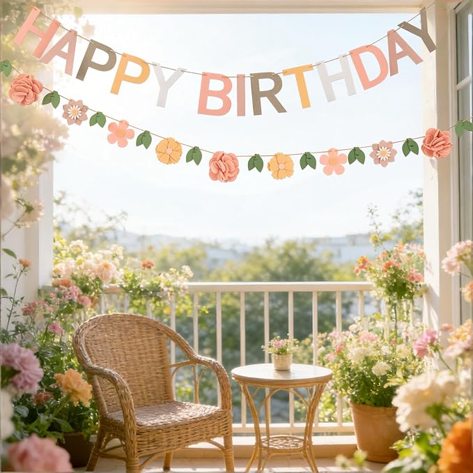 Felt Happy Birthday Banner, with Handmade Felt Flower Garland, Flower Party Decorations, Pre-Strung Birthday Decorations for Girls Women Mom, Floral Birthday Party Decor