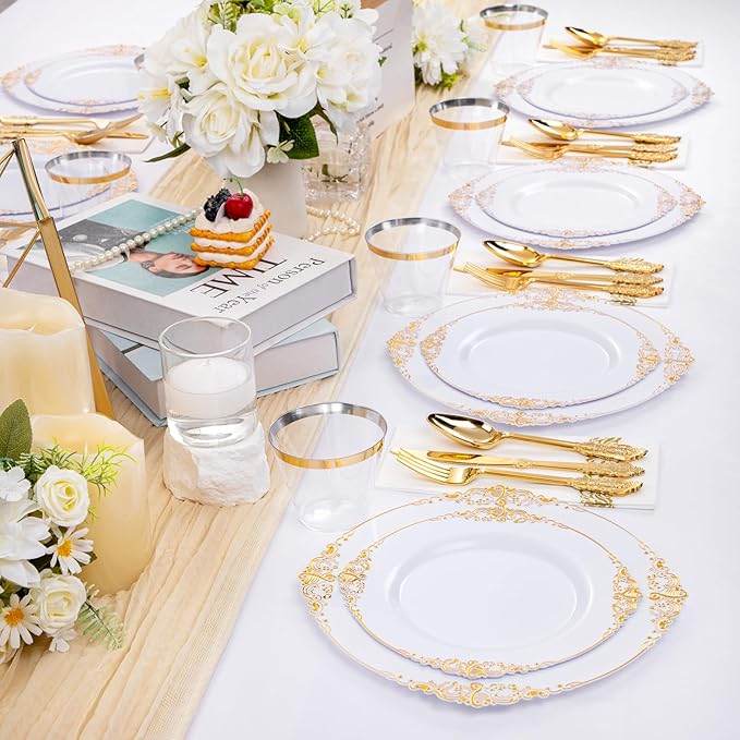 Hioasis 350pcs White and Gold Plates - White Party Plates for 50 Guest, Include 100 Heavy-duty Plates(20% Thicker Than Standard), 150 Cutlery Set, 50 Napkin, 50 Cups for Party & Wedding