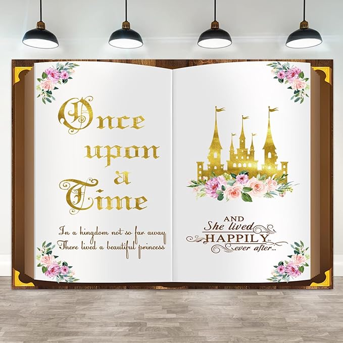 10x8ft Once Upon a Time Backdrop Fairy Tale Book Princess Castle Happily Ever After Floral Storybook Background for Birthday Wedding Baby Shower Bridal Shower Party Decor Photo Booth Props