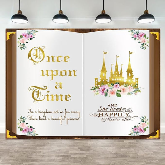 12x6ft Once Upon a Time Backdrop Fairy Tale Book Princess Castle Happily Ever After Floral Storybook Background for Birthday Wedding Baby Shower Bridal Shower Party Decor Photo Booth Props
