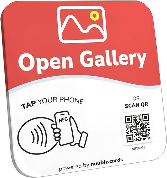 NFC Business QR Code Sign Plate for Opening Image Gallery – Drive Offline Engagement Online – Works Like Review Tap Card & Social Media Sign – No App or Fees – Includes Stand or Adhesive