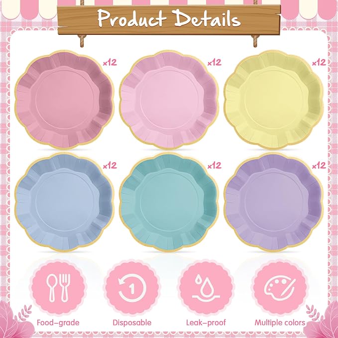 72 Pcs Pastel Paper Plates 9 Inch Colorful Rainbow Gradient Scalloped Paper Disposable Dinner Dessert Plates for Birthday Wedding Bridal Party Supplies, 6 Colors