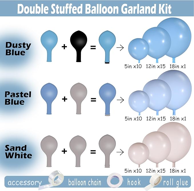 Dusty Blue Balloon Garland Kit–Double-Stuffed Dusty Blue, Pastel Blue, Sand White Balloons for Baby Showers, Weddings, and Birthday Party Decorations